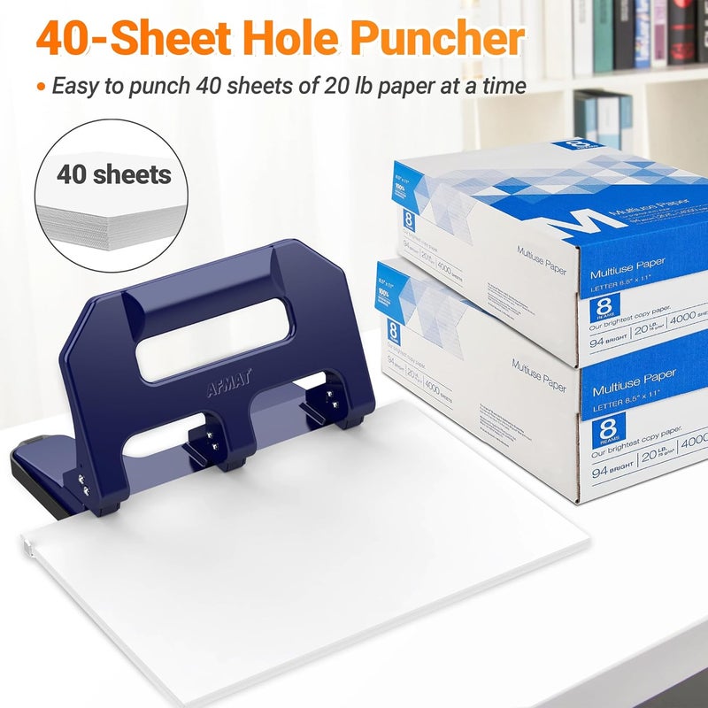 AFMAT Heavy Duty 3 Hole Punch, 3 Hole Puncher for Binder, 40-Sheet Three Hole Punch w/ 10000+ Uses, Metal Hole Puncher 3 Ring, 50% Reduced Effort, 9/32inch Hole, Bulit-in S.S. Paper Guide HPX1 (Blue) - Image 2
